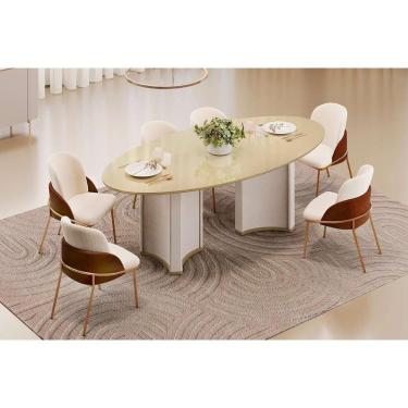 Imagem de Conjunto: Mesa de Cozinha Liz c/ Tampo Madeirado c/ Vidro Oval 218x108cm e 6 Cadeiras Vitta Off White/Dourado - Boucle Perola/Terracota - DJ Móveis