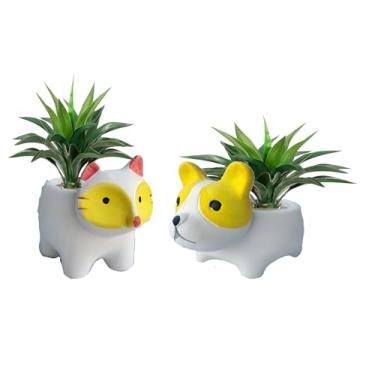 Imagem de WENDIN Lindo vaso de cerâmica para suculentas, pequeno vaso interno em forma de animal, lindos vasos de flores de cacto com drenagem para mesa de escritório e decoração de jardim doméstico (Fox