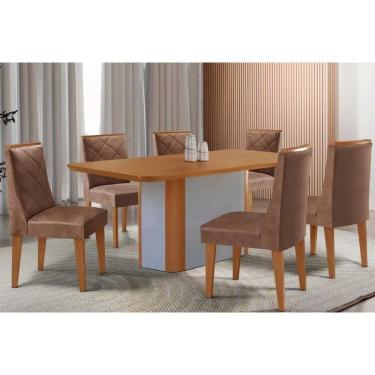 Imagem de Conjunto: Mesa Sala Jantar Pietá c/ Tampo Madeirado Canto Curvo 180x90cm e 6 Cadeiras Pietá Naturale/Off White - Corano Capuccino - Rufato