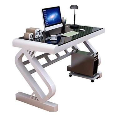 Imagem de Mesas de escritório em casa, mesa de computador, mesa de vidro temperado para casa, design de estrutura de aço espesso para suporte estável, cantos arredondados, design seguro e íntimo