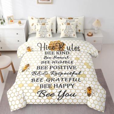 Imagem de Conjunto de edredom de 7 peças para cama de casal em uma bolsa | Conjunto de edredom geométrico hexagonal com abelhas, colmeia melífera, colmeia engraçada, presentes temáticos de abelha