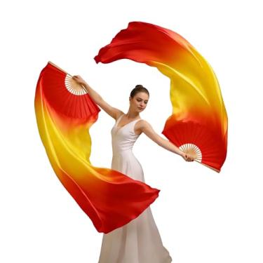Imagem de ZHGAOG Fãs de véu de seda sintética de dança do ventre, 1 par (esquerda + direita) de fãs de dança do ventre feitos à mão, leques longos dançantes, véus coloridos de dança do ventre para apresentações