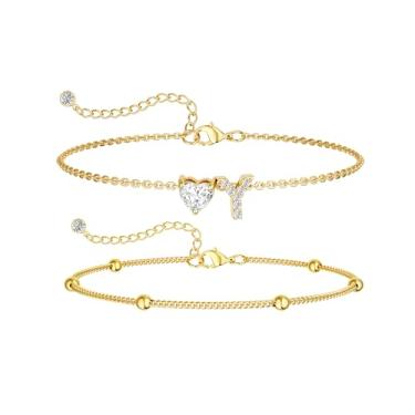 Imagem de Tornozeleiras femininas com inicial de ouro, banhado a ouro 14K, delicado coração, zircônia cúbica, moderna, em camadas, letra A-Z, tornozeleiras à prova d'água, joias modernas, presente para mulheres