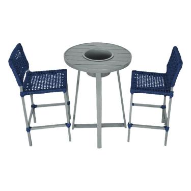 Imagem de Conjunto Bistrô Champanheira Cinza Tampo Ripado E 2 Banquetas França Corda Náutica Azul...