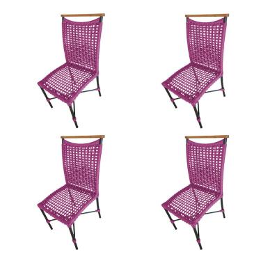 Imagem de Kit 4 Cadeiras Anne Corda Náutica Detalhe Em Madeira Base Alumínio Preto-rosa