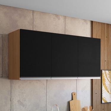 Imagem de Armário Aéreo Cozinha Andréia 120cm 3 Portas Multiuso MDP Amêndoa Preto - Desk Design