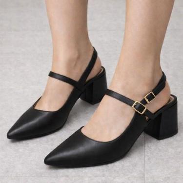 Imagem de Sapato Scarpin Slingback Feminino Salto Bloco Bico Fino Elegante com F
