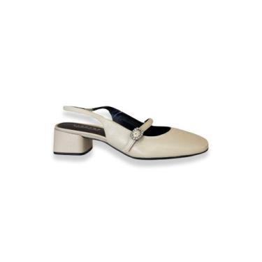 Imagem de Slingback Off White Salto Bloco Bico Quadrado Lia Line, 38