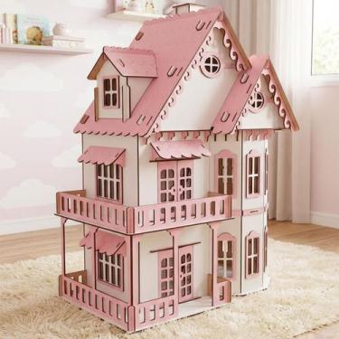 Imagem de Casinha Boneca Rosa Branco Miniatura MDF Polly Barbie 78cm - Genérico