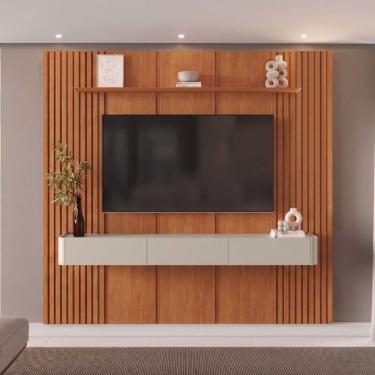 Imagem de Painel com Rack para Tv até 75 Polegadas 3 Gavetas 234cmx250cm Ripado 100% Mdf Apolo Na...