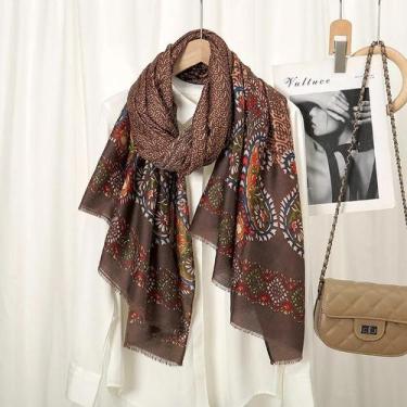 Imagem de Xale De Inverno Com Estampa Azteca Floral E Franjas, Pashmina 180x90cm