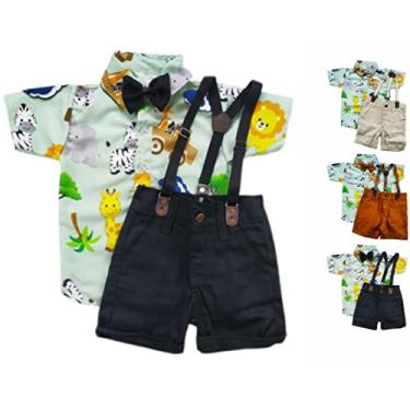Imagem de Safari Zoo Kit Roupa Conjunto Infantil Menino 4 Peças Camisa Gravata Bermuda e Suspensório Aniversário Mesversário Verde (2 anos, Preto)