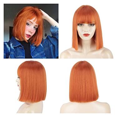 Imagem de Perucas femininas sintéticas perucas curtas retas com franja para mulheres, preto, rosa, roxo, vermelho, natural, cabelo humano (cor: laranja, comprimento esticado: 35,5 cm)