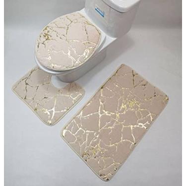 Imagem de Tapete de flanela estampado antiderrapante listrado para banheiro banheiro absorvente sala de estar quarto tapete para pés, conjunto cáqui 3 peças