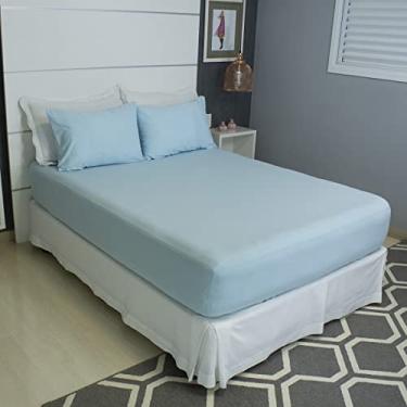 Imagem de Jogo de Lençol Cama Solteiro Pérola Liso 2 Peças COZZILAR Azul Claro 100% Algodão com Elástico e Toque Macio