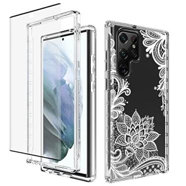 Imagem de Yodueiv Capa para Galaxy S22 Ultra/Samsung SM-S908U com protetor de tela de vidro temperado, capa protetora de telefone com padrão de mandala transparente de corpo inteiro para Samsung Galaxy S22 Ultra 5G (Mandala)