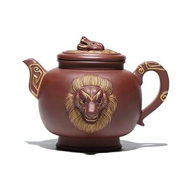 Imagem de Bule de chá de cabeça de leão feito à mão chaleira de argila roxa Zisha bule de chá chinês antigo artesanato tradicional