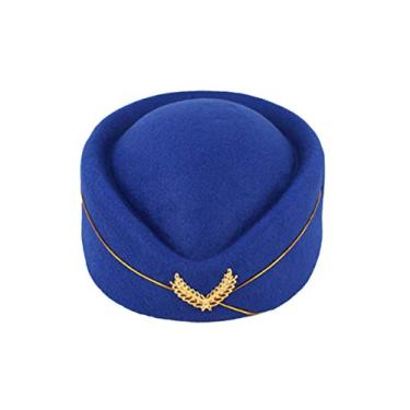 Imagem de Chapéu feminino de comissária de bordo de lã para aeromoça de aeromoça para cosplay e performance musical, Azul, tamanho �nico