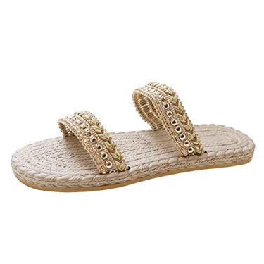 Imagem de Sandálias rasteiras femininas moda verão palha fresco fundo plano praia uso externo sandálias de tamanho grande chinelos (amarelo, 7,5)