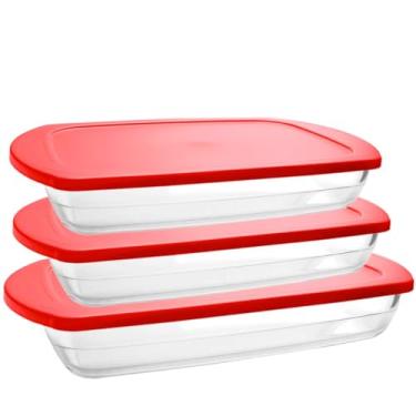 Imagem de Assadeira de Vidro Forma Torta Forno 3un com Tampa Plastica