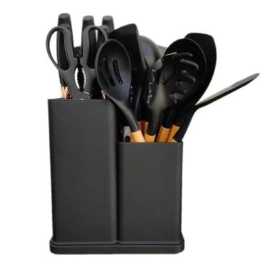 Imagem de Conjunto Utensílios de Cozinha em Silicone C/Cabo Madeira 19 Peças Com Tábua Corta em Silicone e Faqueiro Espátula Faca Tesoura Concha Colorido Rosa Cinza Verde Preto Branco Azul (PRETO)