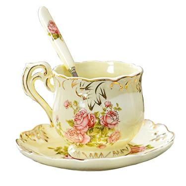 Imagem de Xícaras de chá e pires (flores - 227 g), conjunto de xícara floral e pires, conjunto de xícara de chá vintage, conjuntos de chá para mulheres, conjunto de chá de porcelana, conjunto de copos de leite Europa para chá da tarde festa de casamento em casa