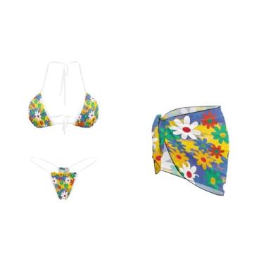 Imagem de Yewattles Conjunto de biquíni triangular, 3 peças, com saída de sarongue para mulheres, biquíni com cordão de amarrar no pescoço, Flor hippie colorida, XXG