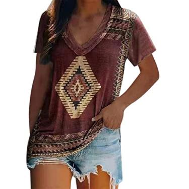 Imagem de Camisas ocidentais para mulheres com estampa solta asteca vintage étnica tribal geométrica Havaí Blusa Top Túnica havaiano Tops de verão plissada floral Top O82-Vermelho Medium