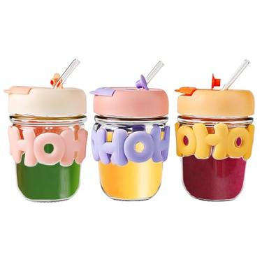 Imagem de 3Pack Milk Juice Cute Water Bottles,12 oz de garrafas de água de vidro Kawaii com Pão e Lid para Mulheres Meninas,Portable Handy Water Cup for Juicing,Kombucha,Boba Milk,Fruit Drinks