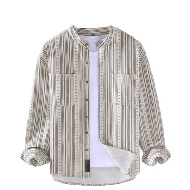 Imagem de Camisa masculina listrada de manga comprida de algodão casual de rua estampada gola alta bolsos camisa de veludo cotelê tops outono, Cor creme, GG