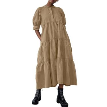 Imagem de chouyatou Vestido feminino de verão com manga bufante maxi em camadas, vestido casual evasê, rodado, camisa longa, Caqui, G