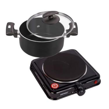 Imagem de Kit Panela Caçarola 18cm Black + Fogareiro Fogão Elétrico Portátil Chapa Indução 1 Boca 220v Ppret 1000W Pro