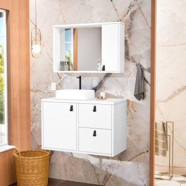 Imagem de Conjunto Gabinete para Banheiro com Cuba de Sobrepor e Espelheira Toro 80 Cm Branco