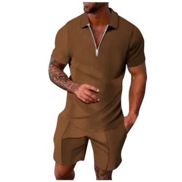 Imagem de Conjunto de 2 peças 2024 masculino casual Henley camisa manga curta praia yoga shorts de verão conjunto de duas peças, 117 café, P