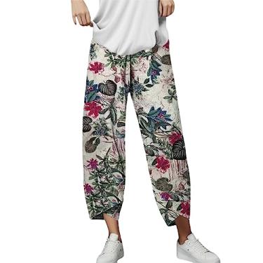 Imagem de Calça capri feminina de algodão e linho, pernas largas, estampa floral, calça cropped de verão, cintura elástica, Rosa choque, G