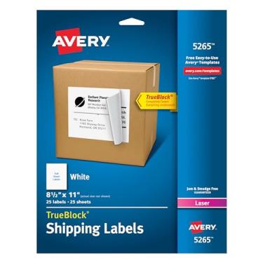 Imagem de Avery Etiquetas de endereço de entrega, impressoras a laser, 25 etiquetas, etiquetas de folha completa, adesivo permanente, TrueBlock (5265), branco