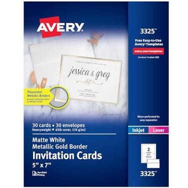 Imagem de Avery Cartões de convite, branco fosco com bordas metálicas douradas, 12,7 cm x 17,7 cm, 30 cartões e envelopes (3325)