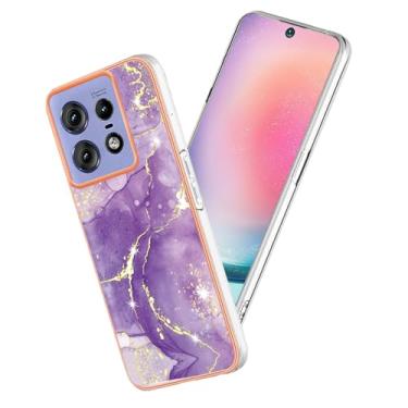 Imagem de Yarxiawin Capa para Motorola Edge 50 Pro, capa transparente de silicone TPU macio, estética Motorola Moto Edge 50 Pro capa de telefone mármore rosa floral à prova de choque fina antiarranhões (Roxo)
