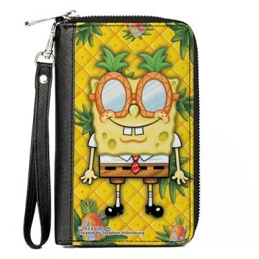 Imagem de Buckle-Down Nickelodeon Carteira, zíper ao redor, Bob Esponja, olhos de abacaxi, poses, abacaxi, ouro, couro vegano, Amarelo, 7.5"x4.5", Casual