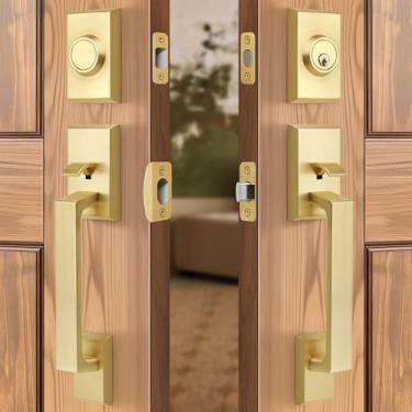 Imagem de LOQRON Conjunto de fechadura de porta frontal dupla ouro escovado, maçaneta de porta frontal com chave com manequim, alavanca de porta quadrada resistente e combinação de fechadura de cilindro único