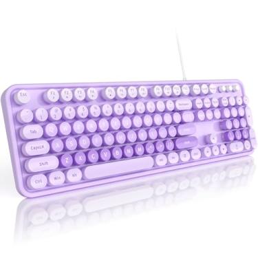 Imagem de MOFII Teclado com fio de impressão grande, teclado de computador, plug play, teclado de máquina de escrever redondo retrô colorido com teclado numérico e tecla de atalho de mídia para Windows, PC,