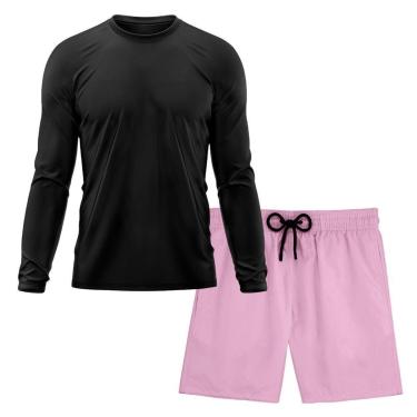 Imagem de Kit Short Praia Academia Passeio Treino Rosa + Manga Longa Masculina Segunda Pele Dry-Masculino