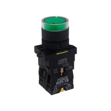 Imagem de Botão de Impulsão Iluminado 22mm 1NA+1NF P20IGR-G7-1C Verde Metaltex, 