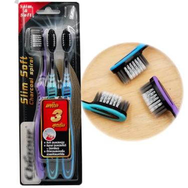 Imagem de YARIN Escova de dentes fina e macia em espiral de carvão, remoção profunda de placa, cerdas arredondadas suaves nos dentes, limpador de língua e bochechas, pacote com 3