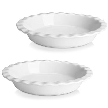 Imagem de MALACASA Conjunto de 2 formas de torta de cerâmica, forma de torta para assar 24 cm, 1,134 g, assadeira redonda, forma de torta canelada, prato de torta antiaderente reutilizável para quiche, tortas