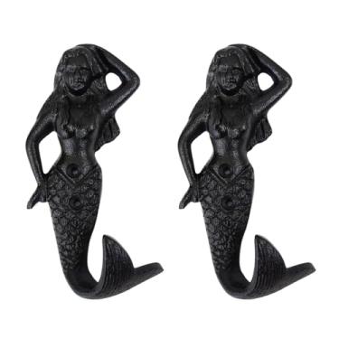 Imagem de AYZCORP Conjunto de 2 ganchos de ferro fundido de sereia para decoração de arte de parede - cabides de sereia e porta-chaves - cabide de roupas e mochila - ganchos para casaco, decoração de casa para
