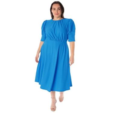 Imagem de Maison Tara Vestido feminino de manga bufante, corpete franzido, caimento justo e flare com recorte nas costas, Oásis azul, 54