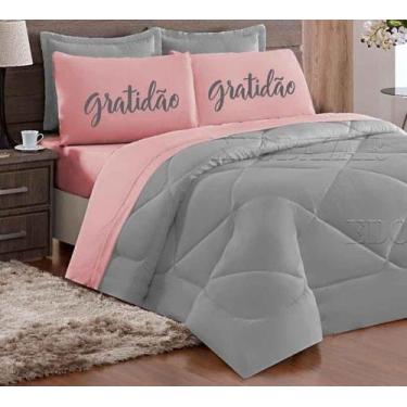 Imagem de Kit de Edredom Casal Queen 05 Peças MICROFIBRA BASICO ROSA CINZA GRATI