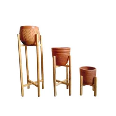 Imagem de Kit 3 Suporte Com Vaso De Plantas Em Madeira Chão Decorativo - Anama