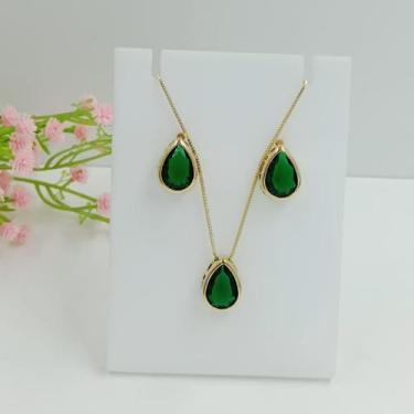Imagem de Conjunto Gota Folheado a Ouro 100119 - Shekináh Joias , Verde escuro
